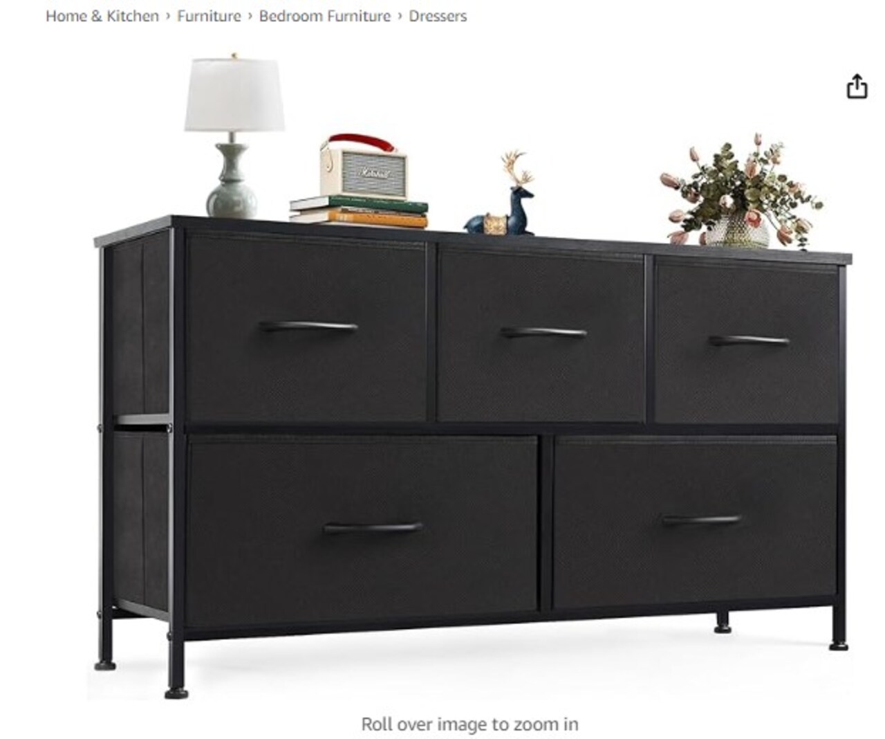 Organizer Storage 5: Long Dresser with Wood Top for Bedroom, Closet, and Entryway, Black Chest of Drawers with Fabric Bins